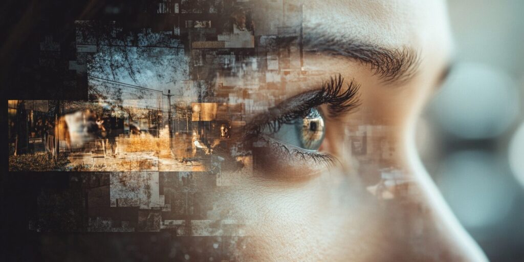 Close-up eye with digital distortion overlay demonstrating AI-enhanced visual storytelling techniques
